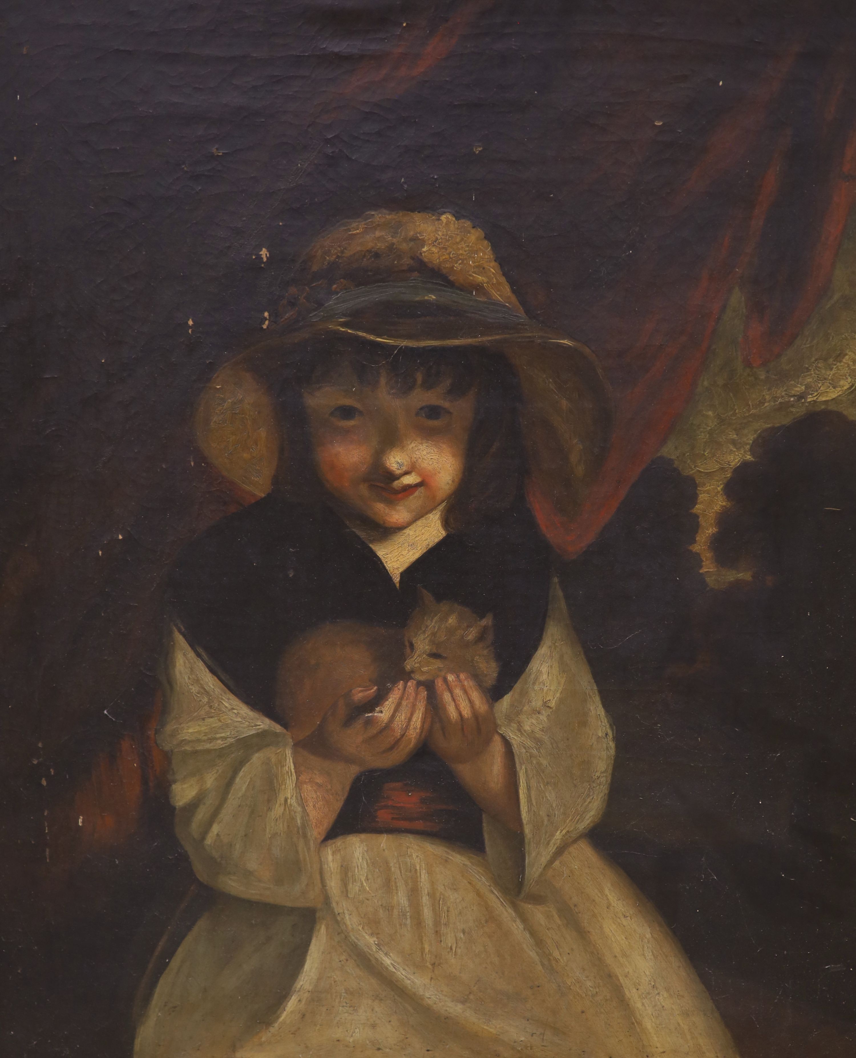 After Barker of Bath, oil on canvas, portrait of a girl holding a kitten, 76 x 64 cm.